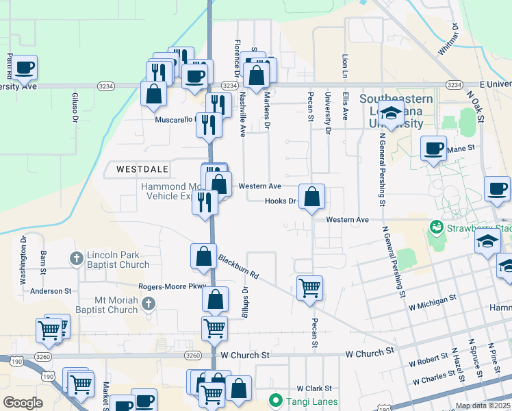 map of restaurants, bars, coffee shops, grocery stores, and more near 1414 Hooks Drive in Hammond