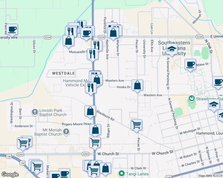 map of restaurants, bars, coffee shops, grocery stores, and more near 1414 Hooks Drive in Hammond