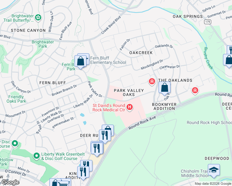 map of restaurants, bars, coffee shops, grocery stores, and more near 7200 Wyoming Springs Drive in Round Rock