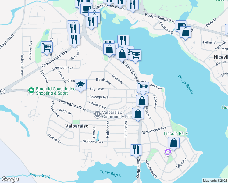 map of restaurants, bars, coffee shops, grocery stores, and more near 333 Edge Avenue in Valparaiso