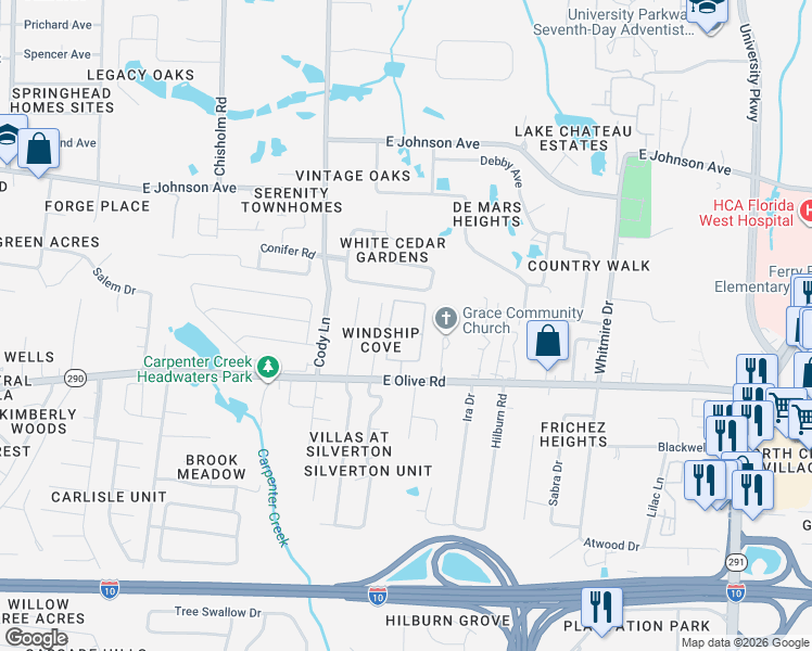 map of restaurants, bars, coffee shops, grocery stores, and more near 1040 East Olive Road in Pensacola