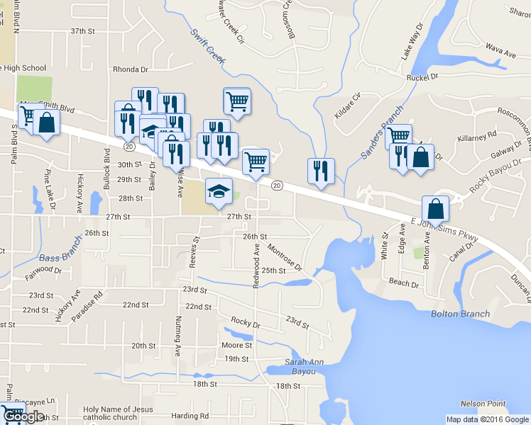 map of restaurants, bars, coffee shops, grocery stores, and more near 112 Farrah Avenue in Niceville
