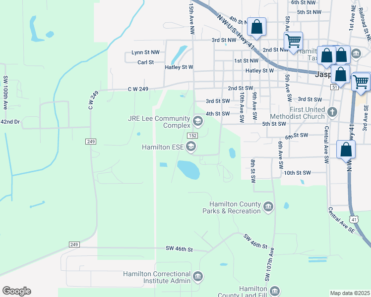 map of restaurants, bars, coffee shops, grocery stores, and more near 4311 Southwest County Road 152 in Jasper
