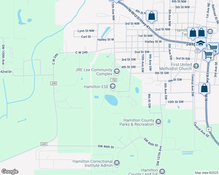 map of restaurants, bars, coffee shops, grocery stores, and more near 4311 Southwest County Road 152 in Jasper