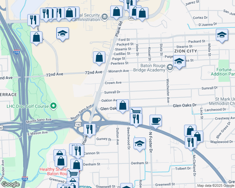 map of restaurants, bars, coffee shops, grocery stores, and more near 4512 Sumrall Drive in Baton Rouge