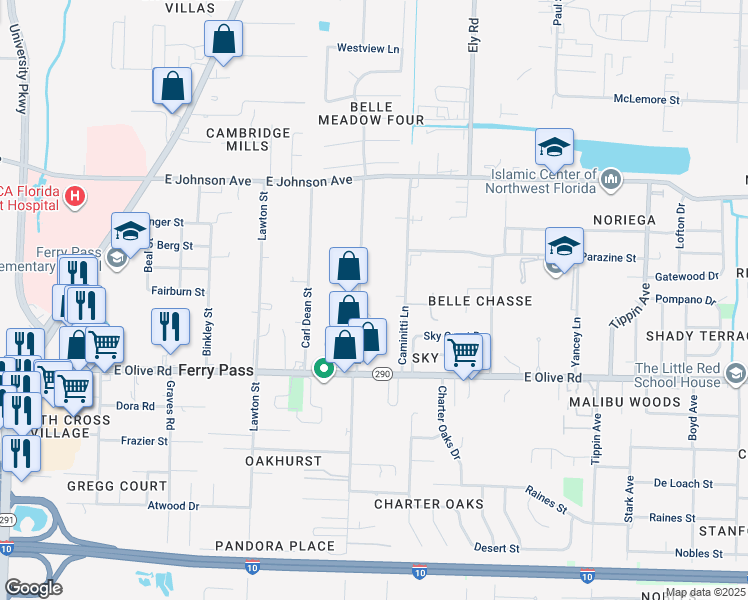 map of restaurants, bars, coffee shops, grocery stores, and more near 8210 Kipling Street in Pensacola