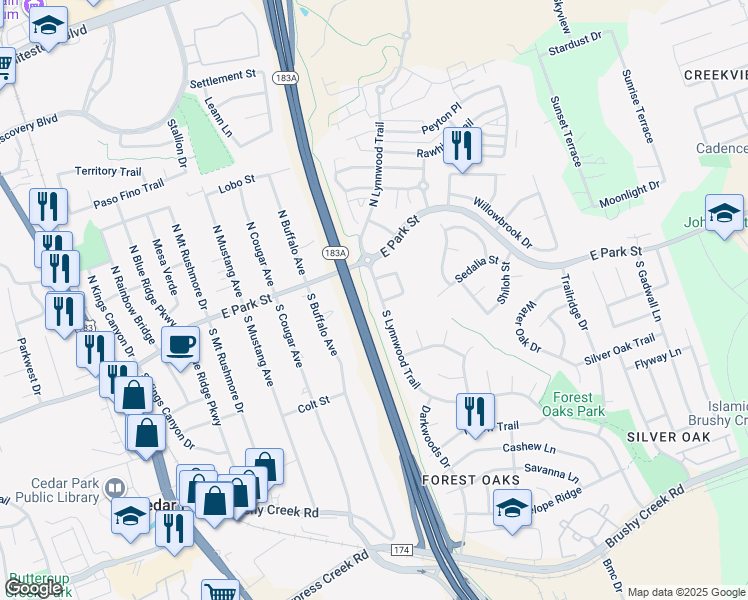 map of restaurants, bars, coffee shops, grocery stores, and more near 110 South Lynnwood Trail in Cedar Park