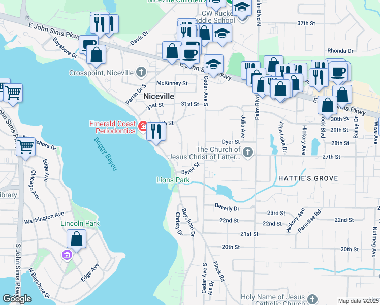 map of restaurants, bars, coffee shops, grocery stores, and more near 716 27th Street in Niceville