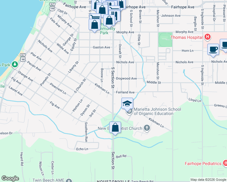map of restaurants, bars, coffee shops, grocery stores, and more near 417 Fairland Avenue in Fairhope