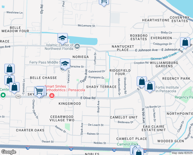 map of restaurants, bars, coffee shops, grocery stores, and more near 3675 Pompano Drive in Pensacola