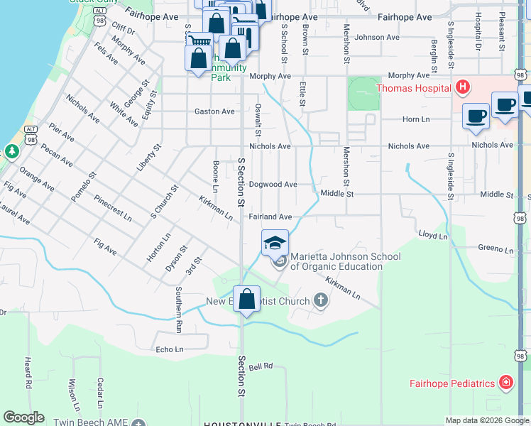 map of restaurants, bars, coffee shops, grocery stores, and more near 413-415 Azalea Street in Fairhope