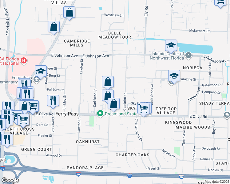 map of restaurants, bars, coffee shops, grocery stores, and more near 8220 Kipling Street in Pensacola