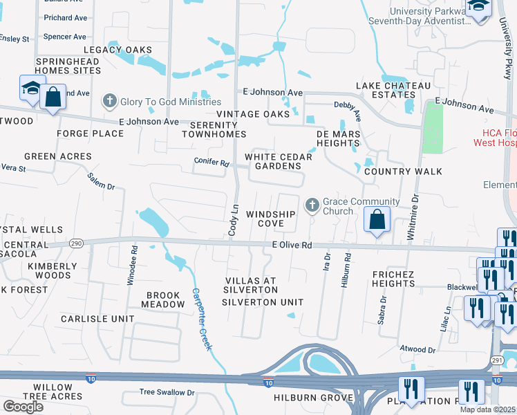 map of restaurants, bars, coffee shops, grocery stores, and more near 8171 Stonebrook Drive in Pensacola