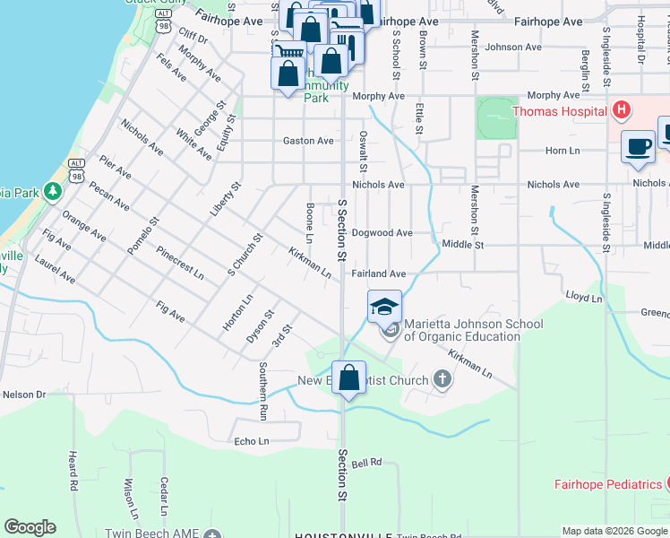 map of restaurants, bars, coffee shops, grocery stores, and more near 417 Fairland Avenue in Fairhope
