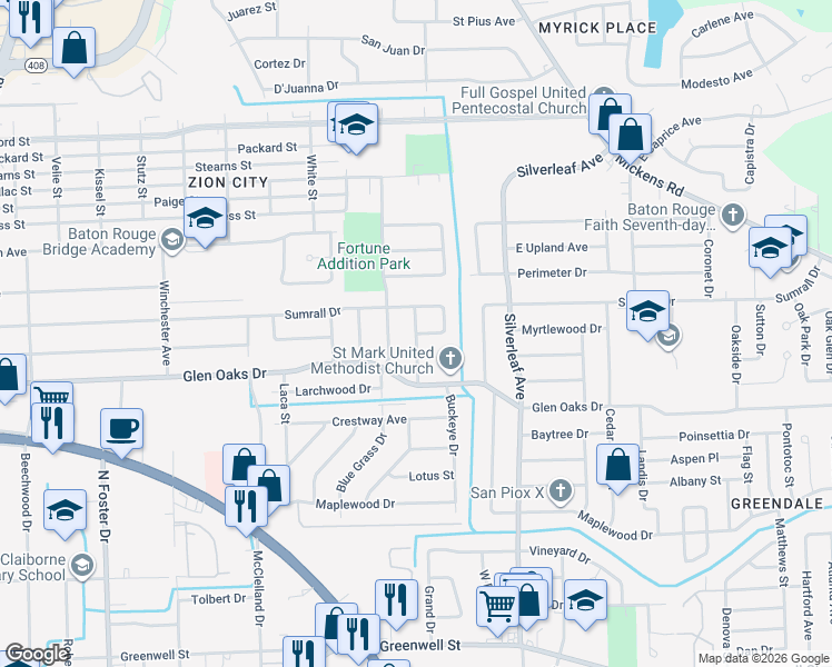 map of restaurants, bars, coffee shops, grocery stores, and more near 6101 Peyton Drive in Baton Rouge