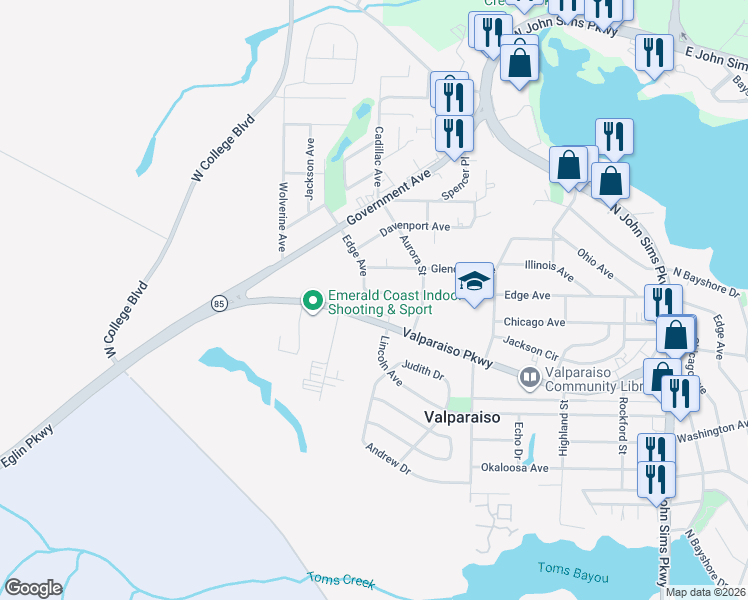 map of restaurants, bars, coffee shops, grocery stores, and more near 409 Edge Avenue in Valparaiso