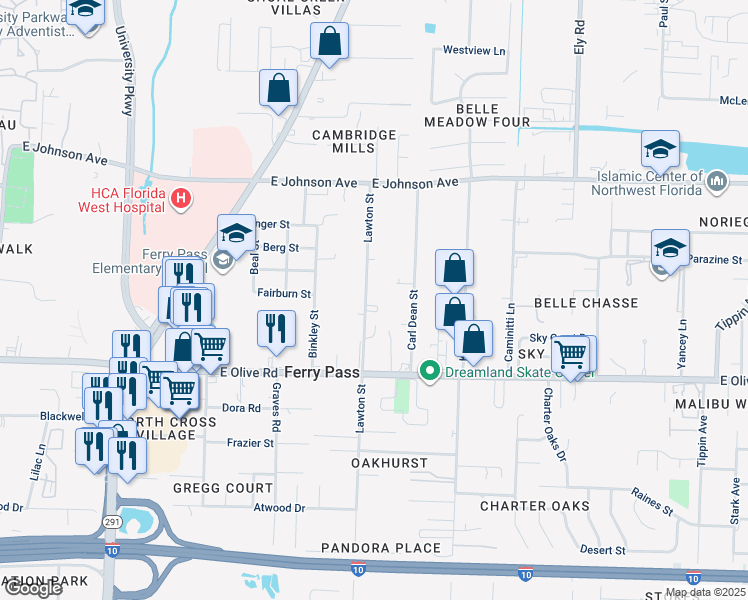 map of restaurants, bars, coffee shops, grocery stores, and more near 8232 Lawton Street in Pensacola