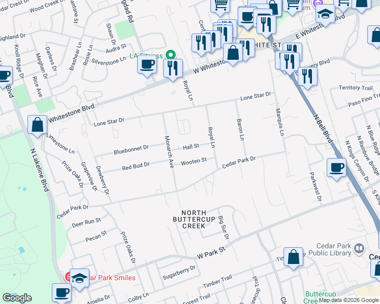 map of restaurants, bars, coffee shops, grocery stores, and more near 812 Hall Street in Cedar Park