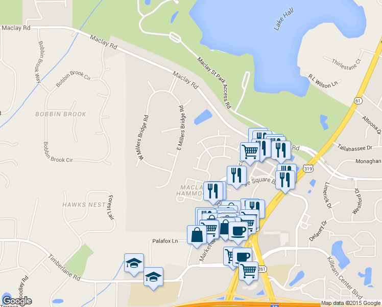 map of restaurants, bars, coffee shops, grocery stores, and more near 1304 Fern Hill Court in Tallahassee