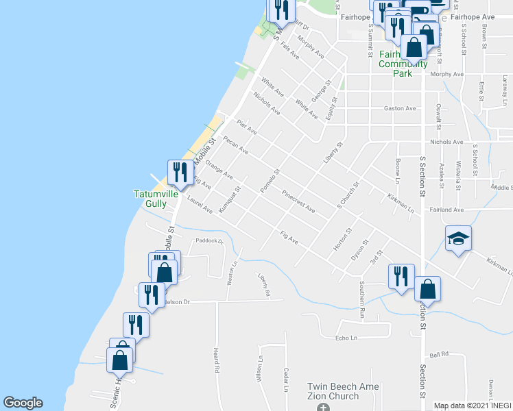 map of restaurants, bars, coffee shops, grocery stores, and more near 505 Pomelo Street in Fairhope