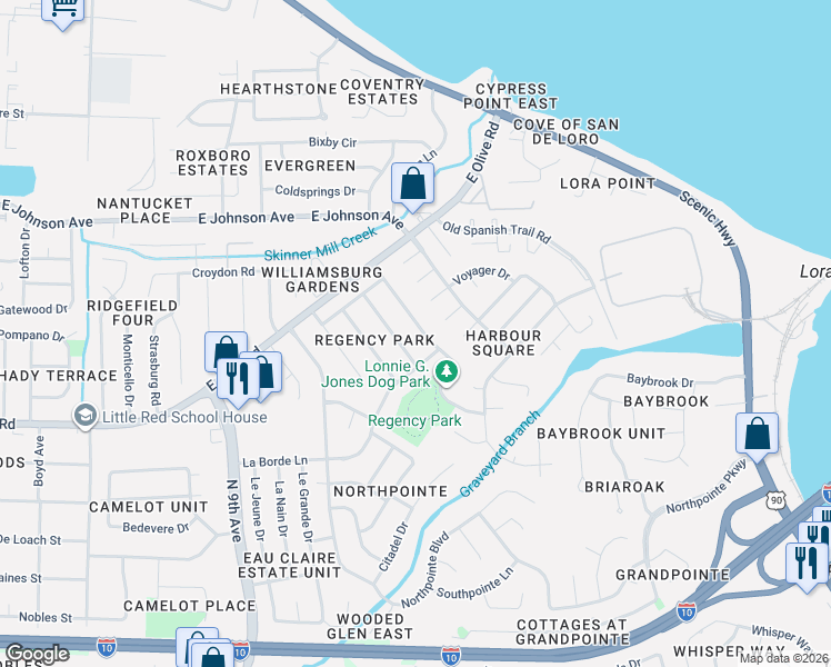 map of restaurants, bars, coffee shops, grocery stores, and more near 8212 Squire Road in Pensacola