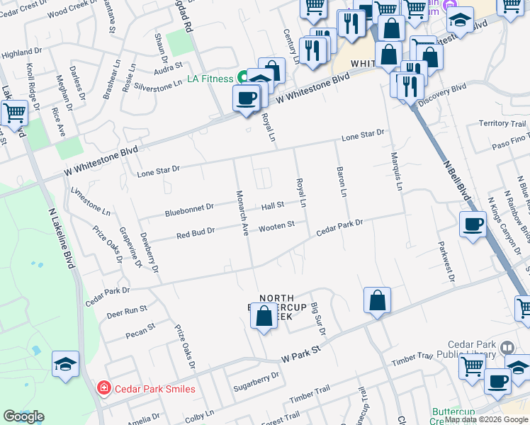 map of restaurants, bars, coffee shops, grocery stores, and more near 812 Hall Street in Cedar Park