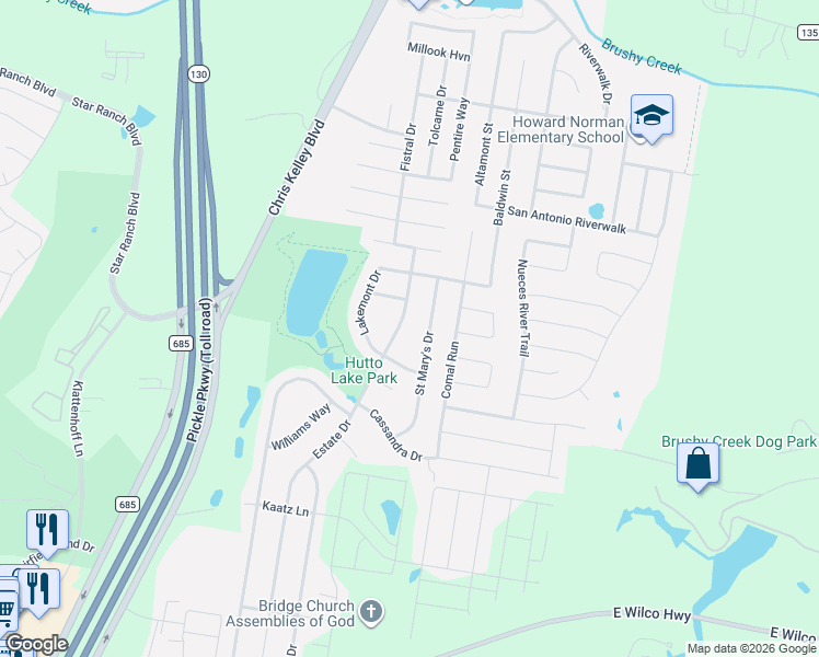 map of restaurants, bars, coffee shops, grocery stores, and more near 910 Estate Dr in Hutto