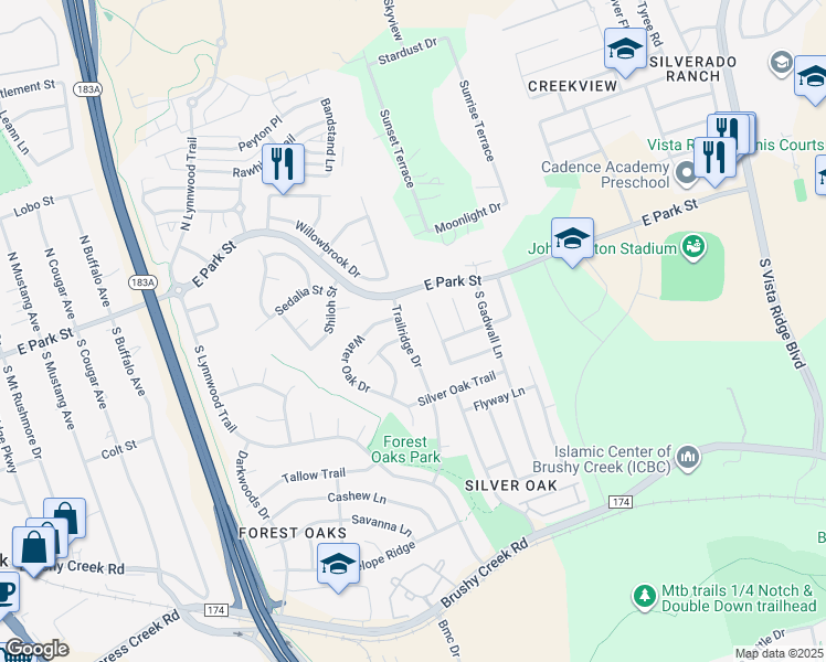 map of restaurants, bars, coffee shops, grocery stores, and more near 108 Trailridge Drive in Cedar Park