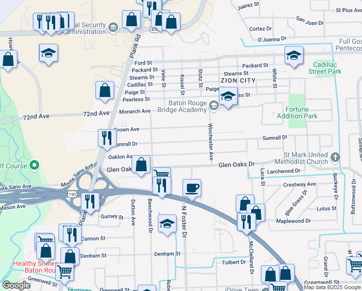 map of restaurants, bars, coffee shops, grocery stores, and more near 4954 Sumrall Drive in Baton Rouge