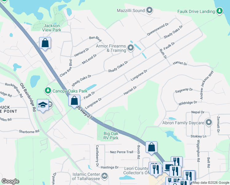 map of restaurants, bars, coffee shops, grocery stores, and more near 2119 Longview Drive in Tallahassee