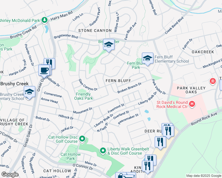 map of restaurants, bars, coffee shops, grocery stores, and more near 17512 Klamath Falls Drive in Round Rock
