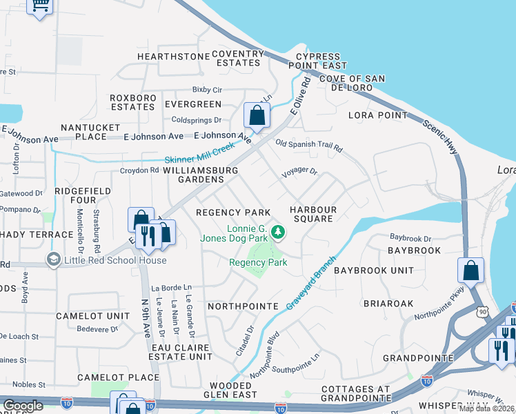 map of restaurants, bars, coffee shops, grocery stores, and more near 8212 Squire Road in Pensacola