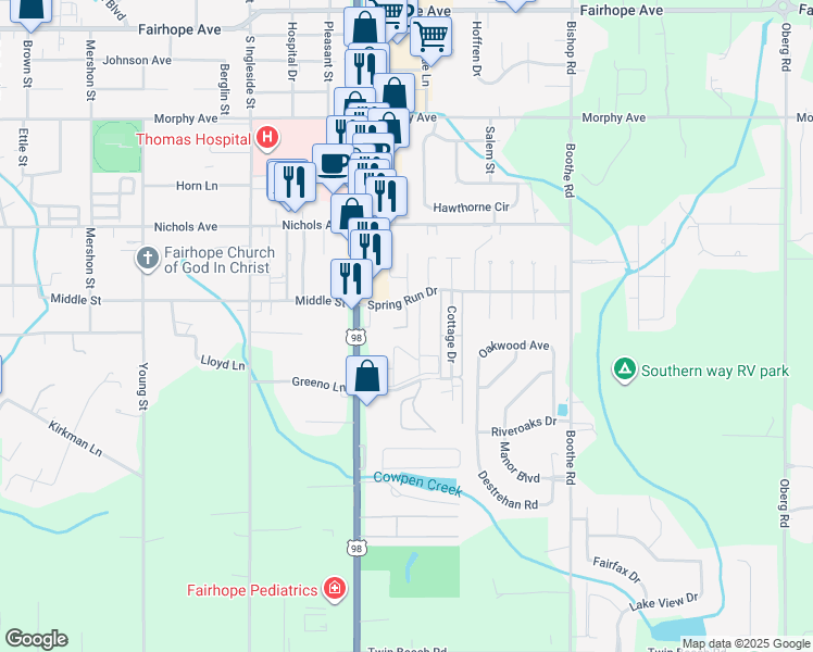 map of restaurants, bars, coffee shops, grocery stores, and more near 50 Spring Run Drive in Fairhope