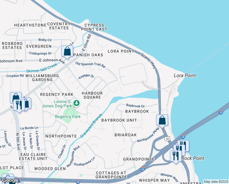 map of restaurants, bars, coffee shops, grocery stores, and more near 4931 Yacht Harbor Drive in Pensacola