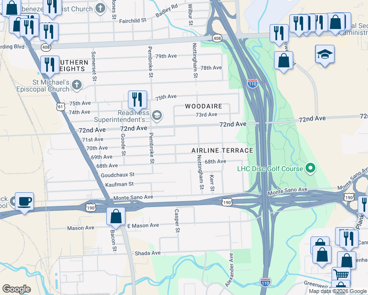 map of restaurants, bars, coffee shops, grocery stores, and more near 2580 70th Avenue in Baton Rouge