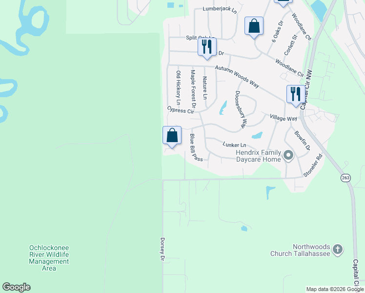 map of restaurants, bars, coffee shops, grocery stores, and more near 4432 Blue Bill Pass in Tallahassee