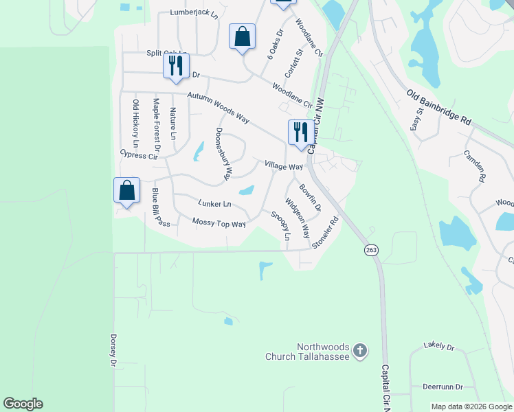 map of restaurants, bars, coffee shops, grocery stores, and more near 5608 Lunker Lane in Tallahassee