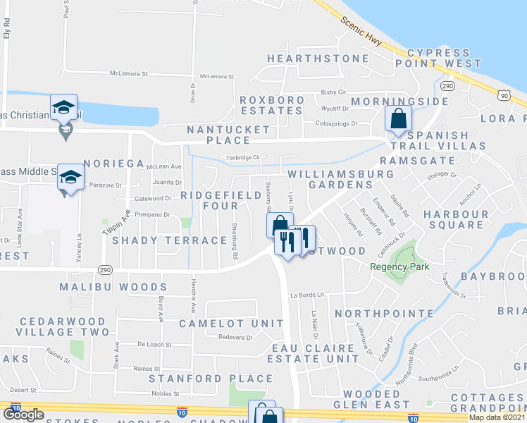 map of restaurants, bars, coffee shops, grocery stores, and more near 8235 Banberry Road in Pensacola