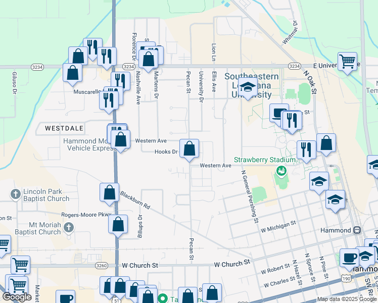 map of restaurants, bars, coffee shops, grocery stores, and more near 1204 Hooks Dr in Hammond