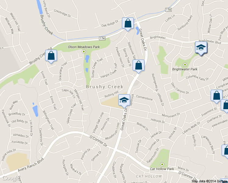 map of restaurants, bars, coffee shops, grocery stores, and more near 3904 Rolling Hill in Round Rock