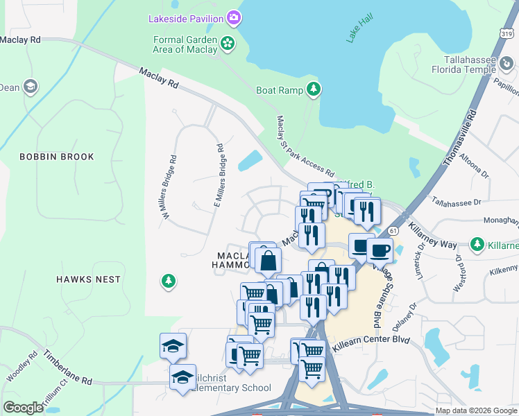 map of restaurants, bars, coffee shops, grocery stores, and more near 1333 Old Village Road in Tallahassee