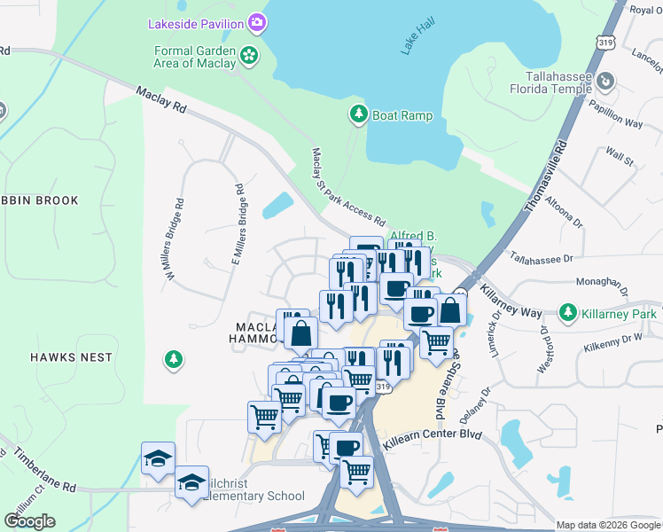 map of restaurants, bars, coffee shops, grocery stores, and more near 1365 Old Village Road in Tallahassee