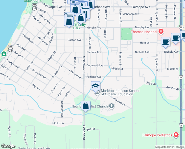 map of restaurants, bars, coffee shops, grocery stores, and more near 413-415 Azalea Street in Fairhope