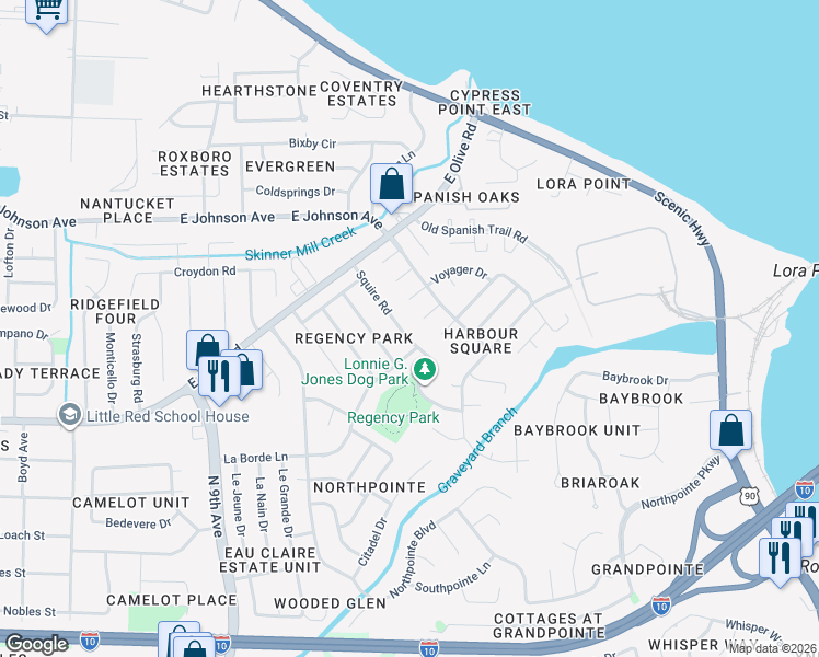 map of restaurants, bars, coffee shops, grocery stores, and more near 8212 Squire Road in Pensacola