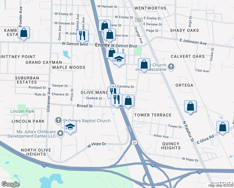 map of restaurants, bars, coffee shops, grocery stores, and more near Pensacola Boulevard in Pensacola