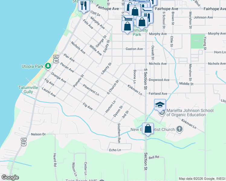 map of restaurants, bars, coffee shops, grocery stores, and more near 457 South Church Street in Fairhope