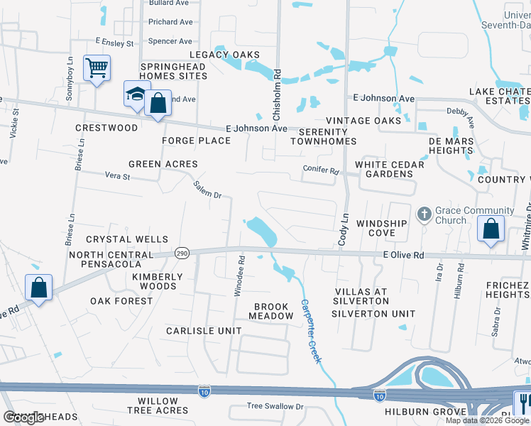 map of restaurants, bars, coffee shops, grocery stores, and more near 1264 Mazurek Boulevard in Pensacola