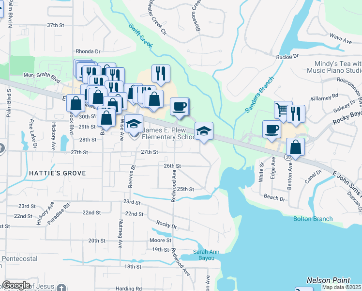 map of restaurants, bars, coffee shops, grocery stores, and more near 112 Farrah Avenue in Niceville