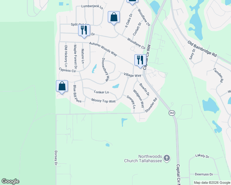 map of restaurants, bars, coffee shops, grocery stores, and more near 5608 Lunker Ln in Tallahassee