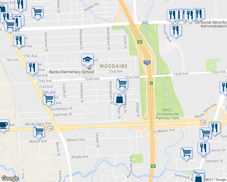 map of restaurants, bars, coffee shops, grocery stores, and more near 2732 70th Avenue in Baton Rouge
